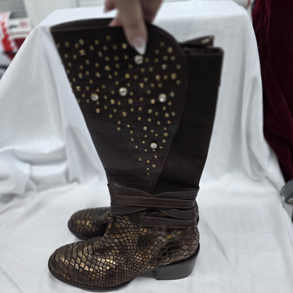 Studded Brown Mid-Calf Heeled Boots